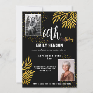 60th Birthday Gold Foliage 2 Photo Party Invitation