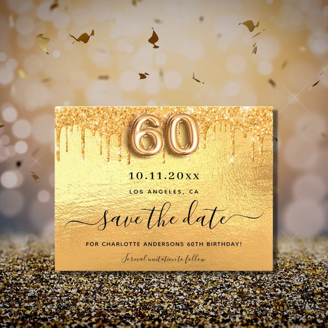 60th birthday gold glitter budget save the date flyer (Creator Uploaded)