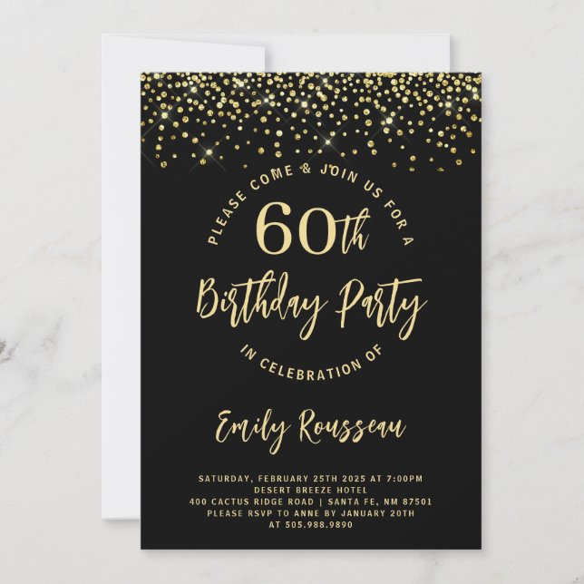 60th Birthday Gold Glitter Confetti Black  Invitation (Front)