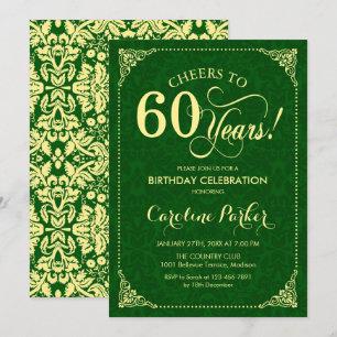 60th Birthday - Gold Green Damask Invitation