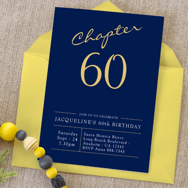 60th Birthday Gold Modern Script Blue Invitation (Creator Uploaded)