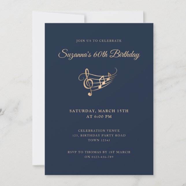 60th Birthday Gold Music Notes Elegant Invitation (Front)