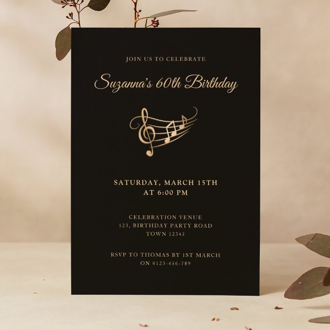 60th Birthday Gold Music Notes Elegant Invitation (Creator Uploaded)