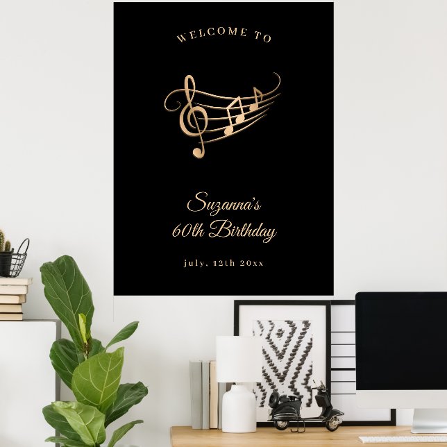 60th Birthday Gold Music Notes Elegant Poster (Home Office)