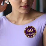 60th birthday gold music notes on stylish purple 6 cm round badge<br><div class="desc">Dark purple background with faux gold music notes for a 60th birthday party. With a faux gold frame. Templates for age and name.  The name is written in a hand-lettered style script.  Golden letters and number.</div>