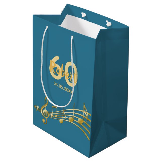 60th Birthday gold music notes teal blue green Medium Gift Bag (Back Angled)