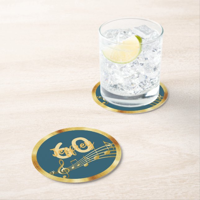 60th birthday gold music notes teal blue green round paper coaster (Insitu)