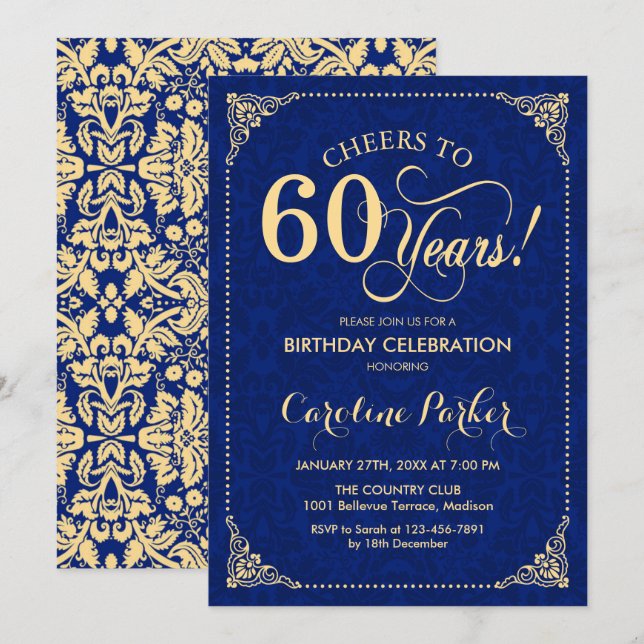 60th Birthday - Gold Navy Damask Invitation (Front/Back)