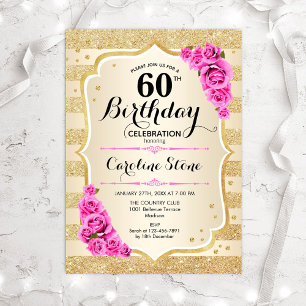 60th Birthday - Gold Stripes Pink Roses Invitation