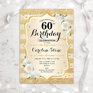 60th Birthday - Gold Stripes White Roses Invitation