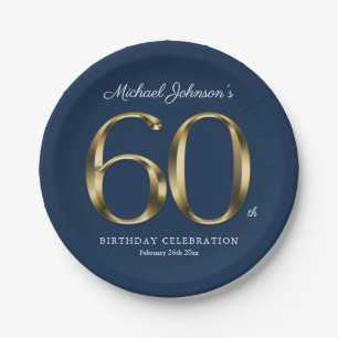 60th Birthday Gold Typography Navy Blue Custom Paper Plate