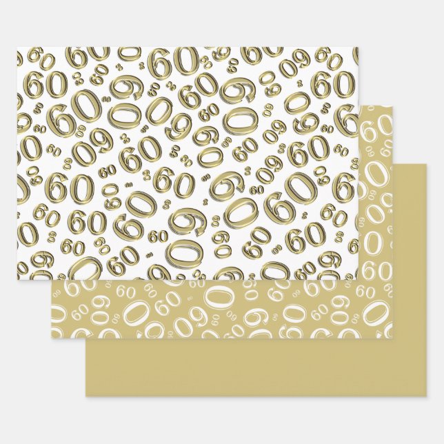 60th Birthday Gold & White Number Pattern 60 Wrapping Paper Sheet (Set)