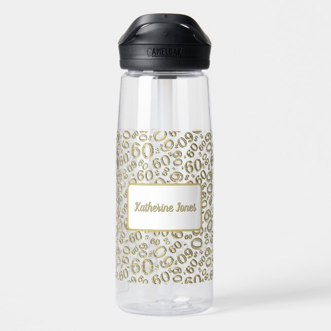 60th Birthday Gold & White Random Number Pattern Water Bottle (Back)