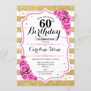 60th Birthday - Gold White Stripes Pink Roses Invitation