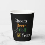 60th Birthday Golf Cheers Beers Black Gold Party Paper Cups<br><div class="desc">This is a cool and modern, 60th birthday, golf party design. It is a simple, minimal design, in classic black and gold typography with pops of orange and green. Perfect for a cool and fun, golf and beer themed, 60th birthday party, and is ideal as a birthday gift or for...</div>