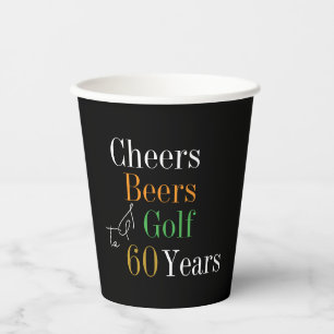 60th Birthday Golf Cheers Beers Black Gold Party Paper Cups
