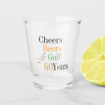 60th Birthday Golf Cheers Beers Minimal Party Shot Glass<br><div class="desc">This is a cool and modern, 60th birthday, golf party design. It is a simple, minimal design, in classic black typography, with pops of, gold, orange and green. Perfect for a cool and fun, golf and beer themed, 60th birthday party, and is ideal as a birthday gift or for party...</div>