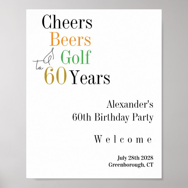 60th Birthday Golf Cheers Beers Minimal Welcome Poster (Front)