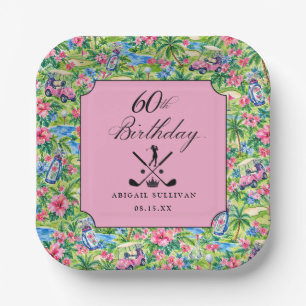 60th Birthday Golf Pink Green Preppy Print Paper Plate