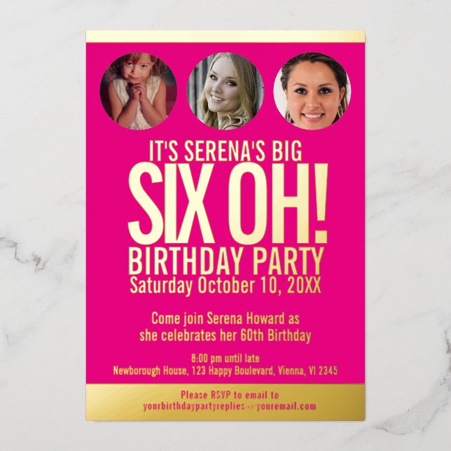 60th Birthday graphic pink gold foil photo circles (Front)