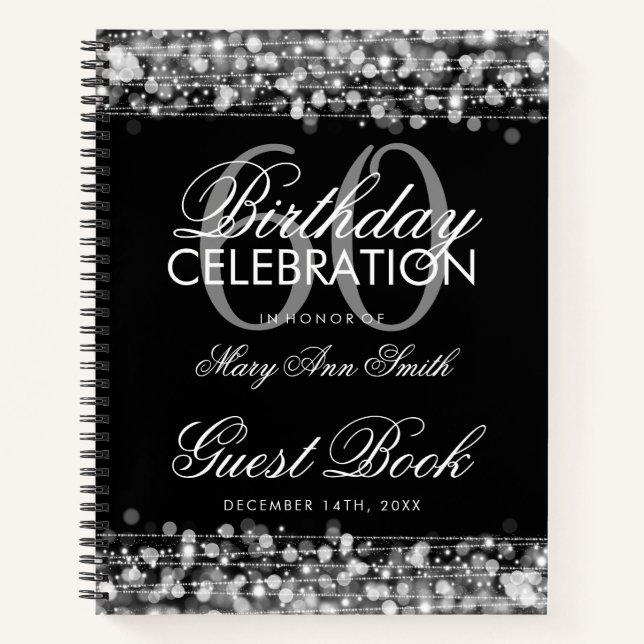 60th Birthday Guestbook Party Sparkles Silver Notebook (Front)