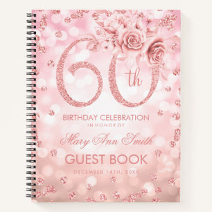 60th Birthday Guestbook Rose Gold Glam Lights Notebook