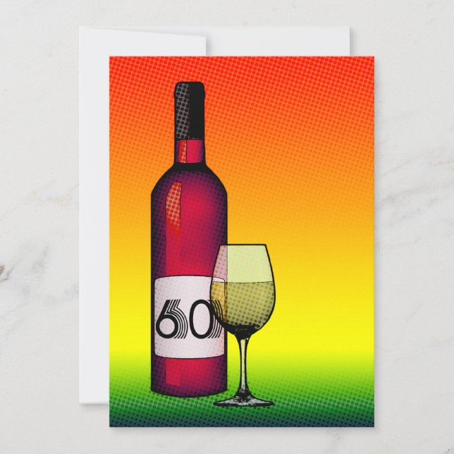 60th birthday : halftone wine bottle & glass invitation (Front)