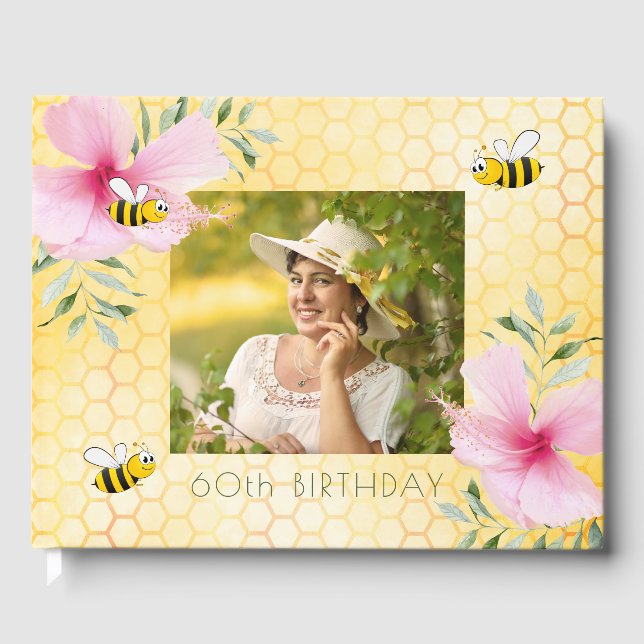 60th birthday honeycomb pink florals bees guest book (Front)