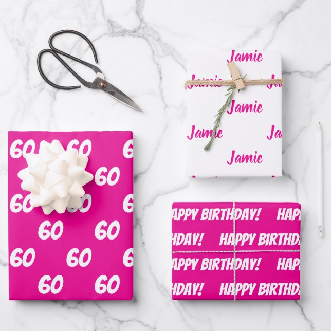 60th Birthday HOT PINK Add Name Wrapping Paper (Front)
