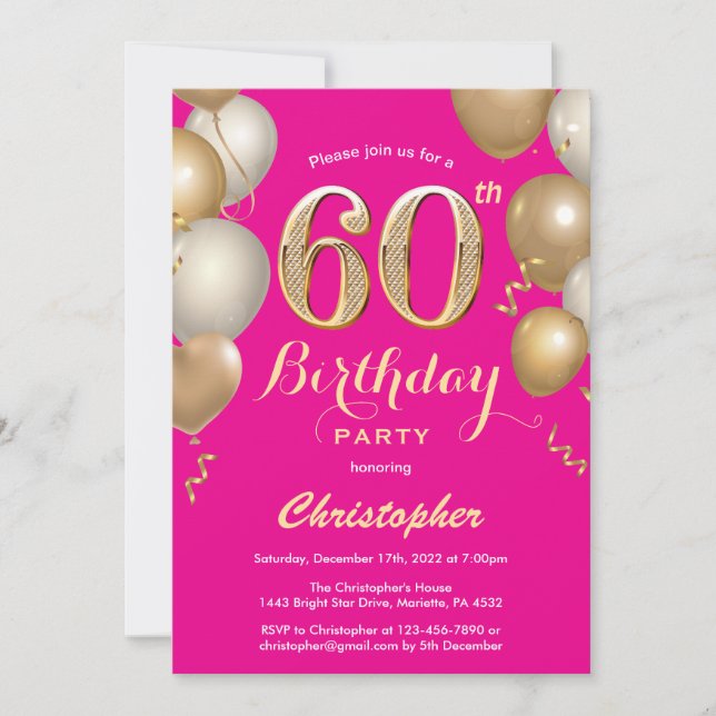 60th Birthday Hot Pink and Gold Balloons Confetti Invitation (Front)