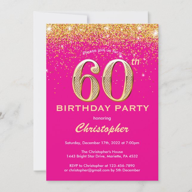 60th Birthday Hot Pink and Gold Glitter Confetti Invitation (Front)