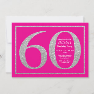 60th Birthday Hot Pink and Silver Glitter Invitation