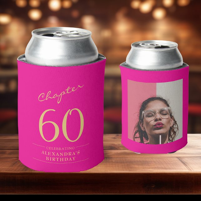 60th Birthday Hot Pink Gold Photo Template Can Cooler (Custom hot pink 60th birthday can coolers on a bar top )