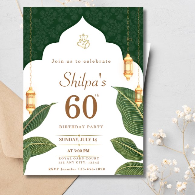 60th Birthday Indian Ethnic Green Gold Birthday Invitation (Creator Uploaded)