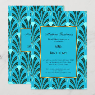 60th Birthday Invitation Art Deco Green Blue Teal