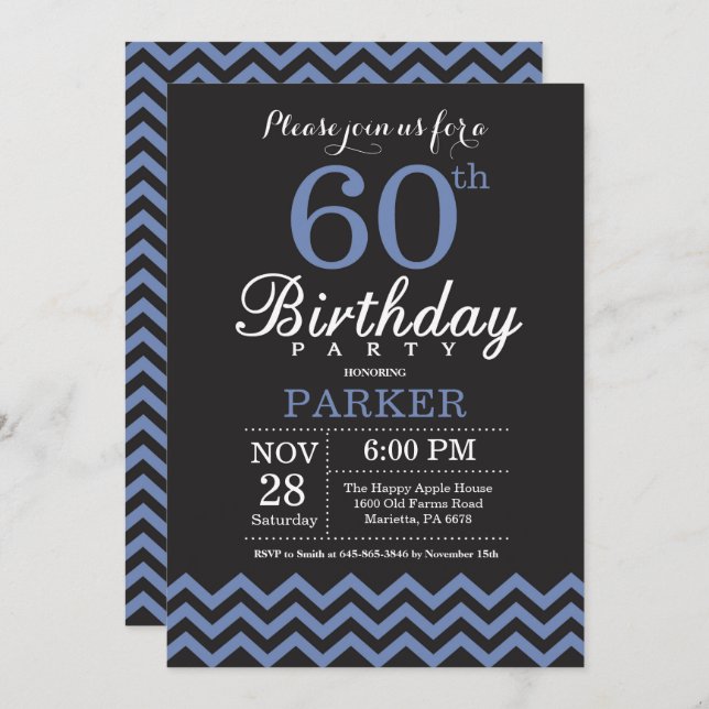 60th Birthday Invitation Black and Blue (Front/Back)