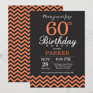 60th Birthday Invitation Black and Coral Chevron