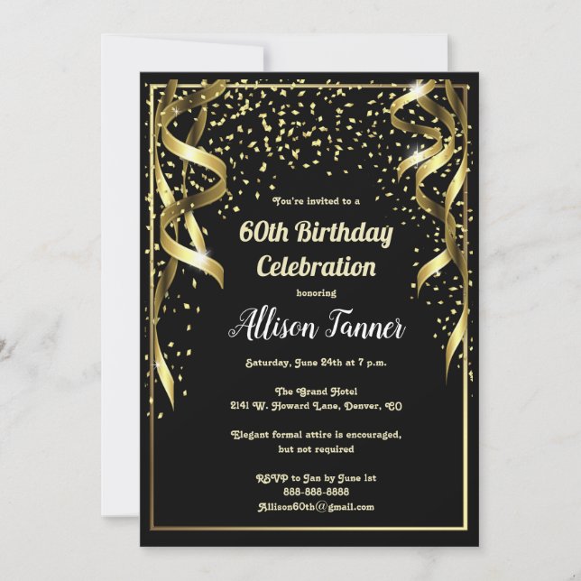60th Birthday Invitation Black and Gold Confetti (Front)