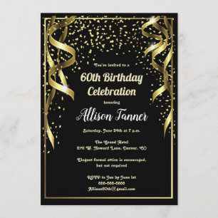 60th Birthday Invitation Black and Gold Confetti