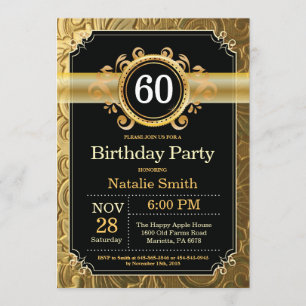 60th Birthday Invitation Black and Gold Glitter