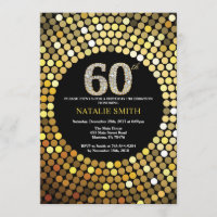60th Birthday Invitation Black and Gold Glitter