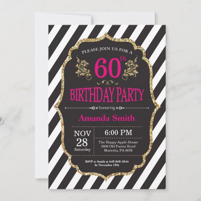 60th Birthday Invitation. Black and Gold Glitter Invitation (Front)