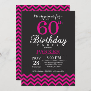 60th Birthday Invitation Black and Hot Pink