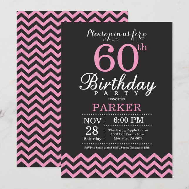 60th Birthday Invitation Black and Pink Chevron (Front/Back)