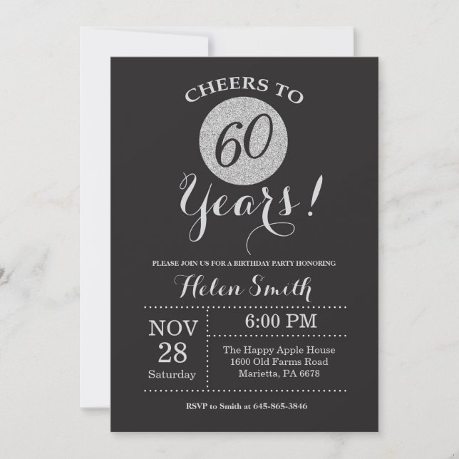 60th Birthday Invitation Black and Silver Glitter (Front)