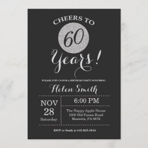 60th Birthday Invitation Black and Silver Glitter