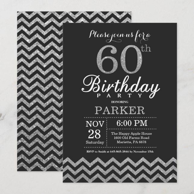 60th Birthday Invitation Black and Silver Glitter (Front/Back)