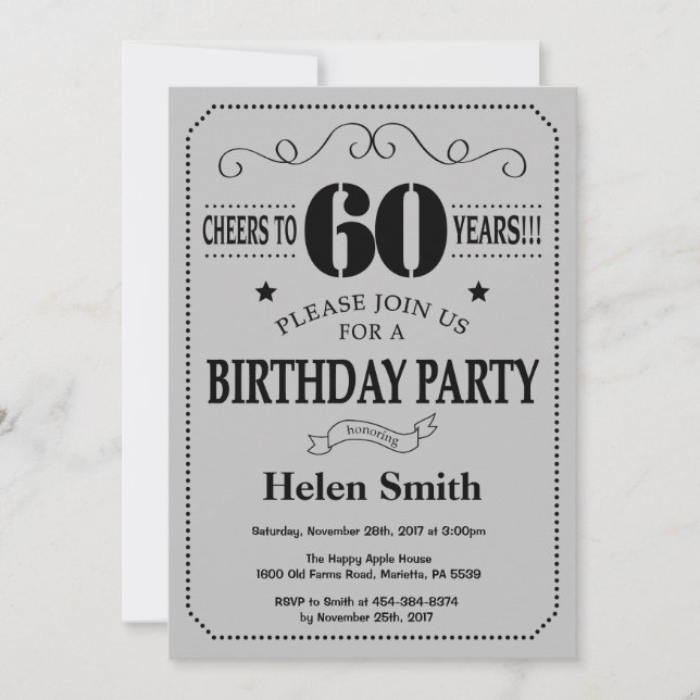 60th Birthday Invitation Black and Silver Grey (Front)