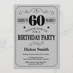 60th Birthday Invitation Black and Silver Grey
