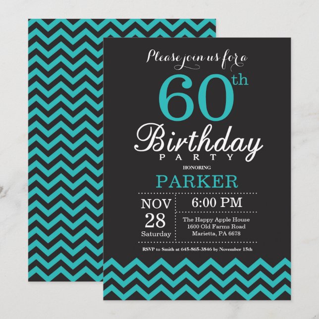 60th Birthday Invitation Black and Teal (Front/Back)